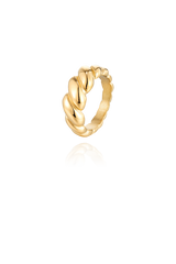 A gold croissant ring featuring a bold twisted design, showcasing its unique and textured shape against a white background.