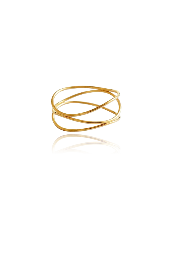 Isolated image of the Griselda Layered Ring, featuring a crossed and layered gold band design, highlighting its modern and sophisticated appeal.