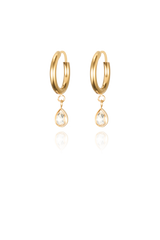 A pair of elegant gold hoop earrings featuring teardrop-shaped cubic zirconia dangles, displayed against a white background.