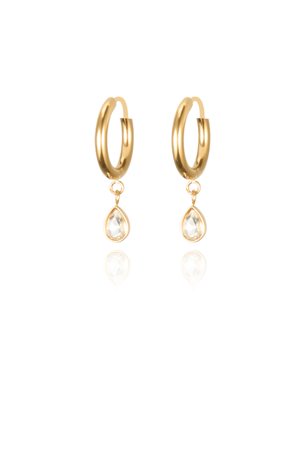 A pair of elegant gold hoop earrings featuring teardrop-shaped cubic zirconia dangles, displayed against a white background.