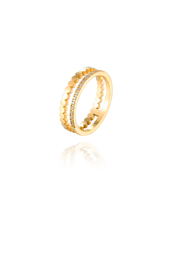 Elegant layered gold ring with a unique stackable design and shimmering accents, perfect for those who love luxurious and versatile jewelry.