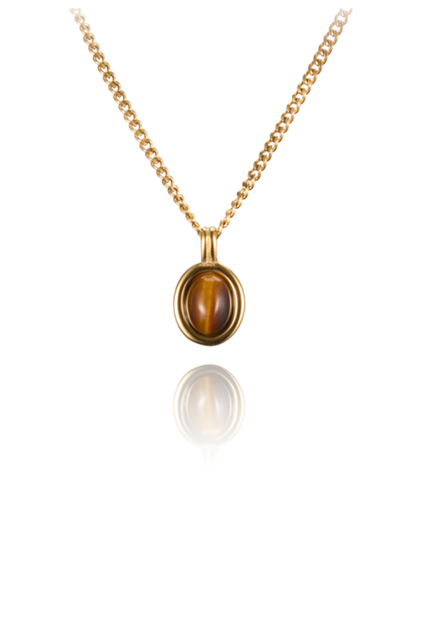 Isolated image of the Rita Gemstone Necklace featuring a Tiger Eye pendant set in an 18k gold-plated frame, illustrating its warm earthy tones and refined design.