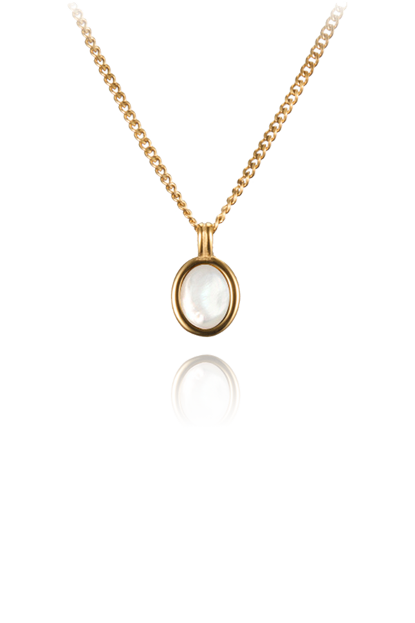 Isolated image of the Rita Gemstone Necklace featuring a white jade pendant set in an 18k gold-plated frame, highlighting its classic and sophisticated style.