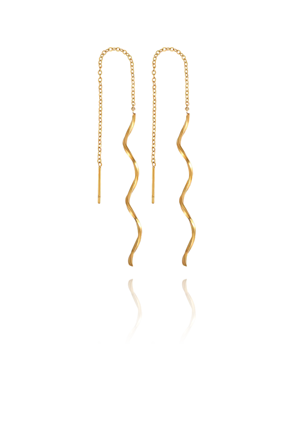 Isolated image of the Shirley Threader Earrings, featuring a wavy gold threader design, highlighting their elegant and unique appeal.