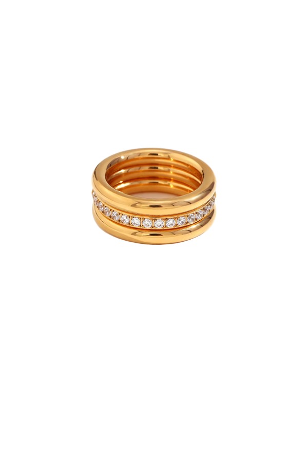 Isolated image of a gold triple band stacking ring set, featuring a sleek design with sparkling zirconia accents, against a white background, from shnco.