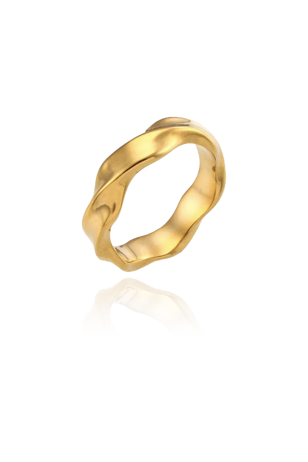 A product image of a gold wave ring, displayed flat to showcase its design. The ring features a smooth, undulating wave pattern, giving it a modern and elegant look. The polished gold finish adds a luxurious touch to this minimalist piece.