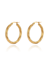 A standalone product image of the large twisted texture gold hoop earrings, presented flat to emphasize their bold and sophisticated design. The twisted texture adds a modern twist to the traditional hoop, making it a versatile accessory.