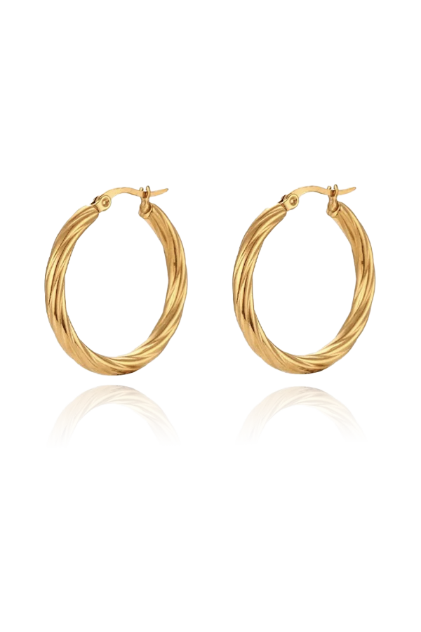 A standalone product image of the large twisted texture gold hoop earrings, presented flat to emphasize their bold and sophisticated design. The twisted texture adds a modern twist to the traditional hoop, making it a versatile accessory.