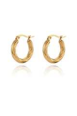 A standalone product image of the small twisted texture gold hoop earrings, laid flat to showcase their design. The earrings feature a fine ridged texture that adds dimension and elegance to the classic hoop shape.