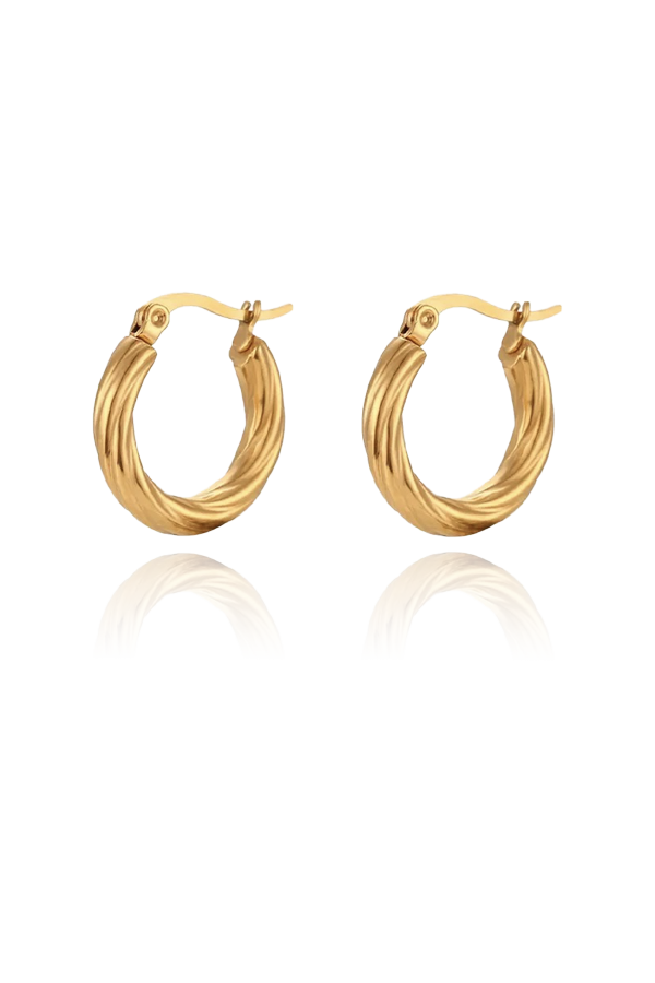 A standalone product image of the small twisted texture gold hoop earrings, laid flat to showcase their design. The earrings feature a fine ridged texture that adds dimension and elegance to the classic hoop shape.