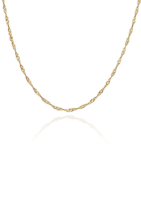 Kylee Singapore chain necklace by SH & Co., showcasing a delicate and twisted gold design, perfect for elegant accessorizing.