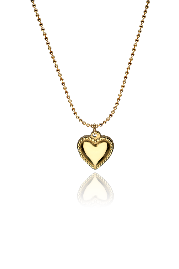 Lara heart beads necklace by SH & Co., showcasing unique heart-shaped pendants on a gold chain, blending classic charm with modern design.