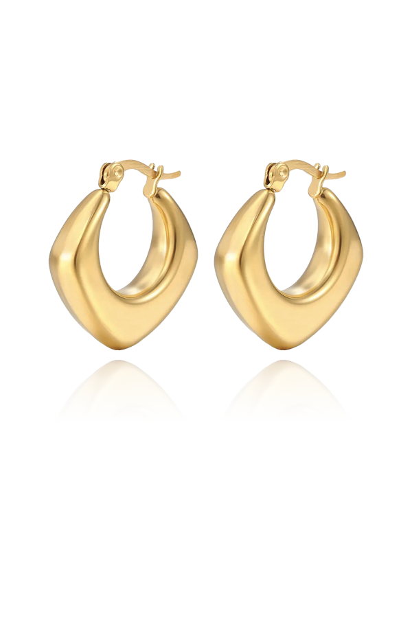 A product image of gold square hoop earrings, shown laid flat. The earrings have a smooth, curved square design with a polished finish that reflects light beautifully, giving them a luxurious and contemporary feel.