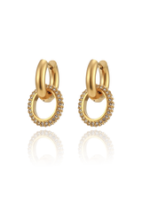 A product image of gold hoop earrings, featuring a dangling circular charm encrusted with cubic zirconia stones. The earrings combine a classic hoop design with a touch of sparkle, making them both elegant and eye-catching.