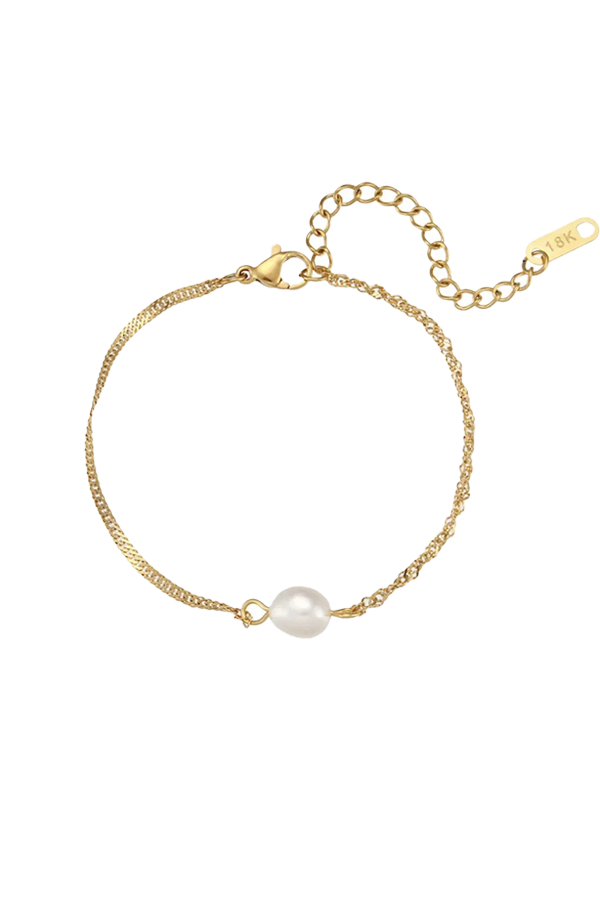 Product image of the Maeve pearl bracelet featuring a single freshwater pearl on a delicate gold chain, displayed on a white background to showcase its minimalist and elegant design.