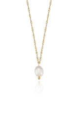 Product image of the Maeve freshwater pearl necklace, featuring a gold-plated chain and a single drop-shaped pearl pendant, displayed on a white background.