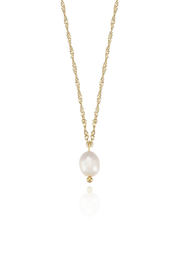 Product image of the Maeve freshwater pearl necklace, featuring a gold-plated chain and a single drop-shaped pearl pendant, displayed on a white background.