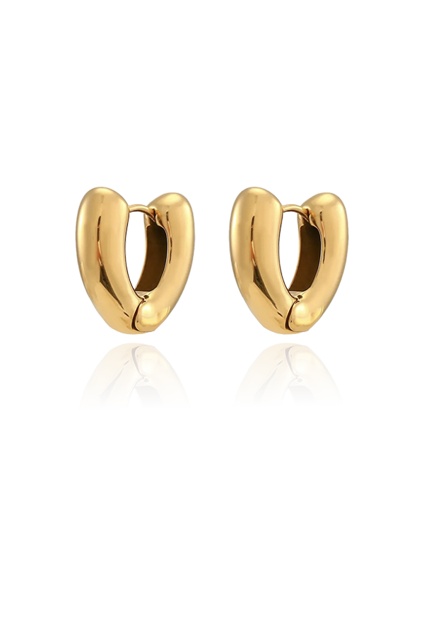 A product image of heart-shaped gold hoop earrings, displayed flat to emphasize their bold, curved design. The earrings have a polished finish and a unique heart shape, adding a contemporary twist to the traditional hoop earring.