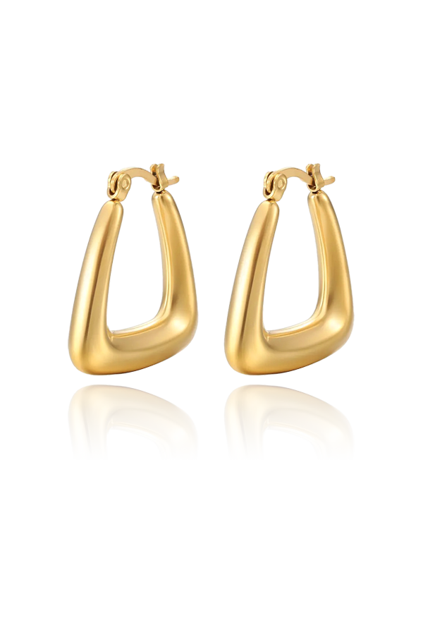 A product image of trapezoid-shaped gold hoop earrings, displayed flat to emphasize their bold, geometric design. The earrings have a polished finish and a unique trapezoidal shape, adding a modern twist to the traditional hoop earring.