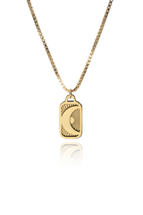 Product image of the Phoebe Luna necklace, featuring a rectangular gold-plated pendant with a crescent moon and sunburst engraving, displayed on a white background.