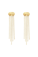 A product image of gold tassel earrings with a sunburst design on the stud and cascading chains. The earrings are laid flat, showcasing their detailed craftsmanship and modern appeal.