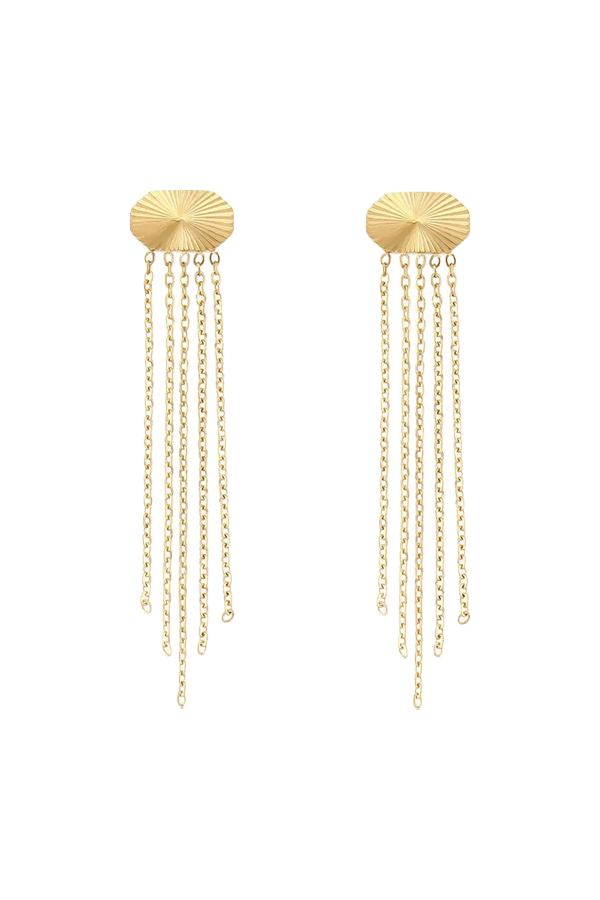 A product image of gold tassel earrings with a sunburst design on the stud and cascading chains. The earrings are laid flat, showcasing their detailed craftsmanship and modern appeal.