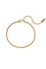 Product image of the Sara rope bracelet featuring a 18K gold-plated rope chain design, displayed on a white background, showcasing its intricate details and adjustable clasp.