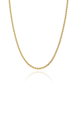 Product image of the Sara rope necklace, featuring a twisted rope design in 18K gold plating, displayed on a white background to showcase its intricate details.