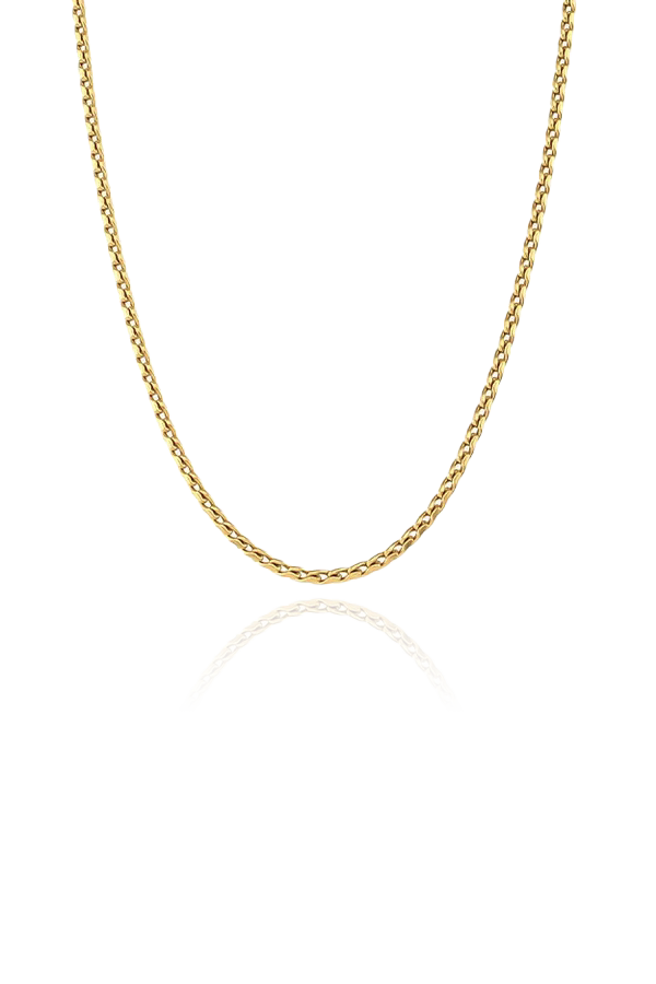 Product image of the Sara rope necklace, featuring a twisted rope design in 18K gold plating, displayed on a white background to showcase its intricate details.