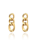 A product image of Cuban chain gold earrings, laid flat to showcase their design. The earrings feature a series of interconnected, chunky gold links, creating a bold and stylish chain-like appearance. The polished finish adds a touch of elegance and shine to these statement earrings.