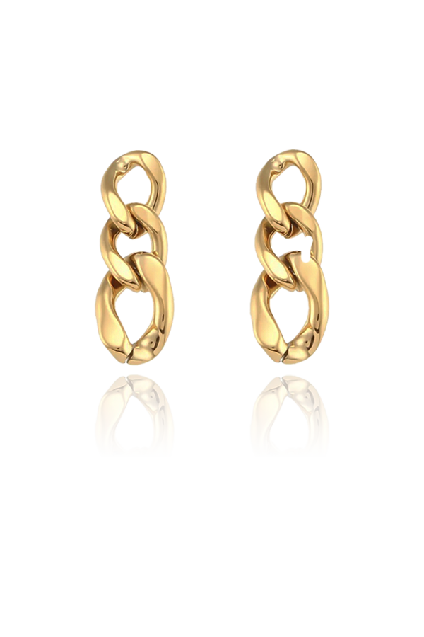 A product image of Cuban chain gold earrings, laid flat to showcase their design. The earrings feature a series of interconnected, chunky gold links, creating a bold and stylish chain-like appearance. The polished finish adds a touch of elegance and shine to these statement earrings.